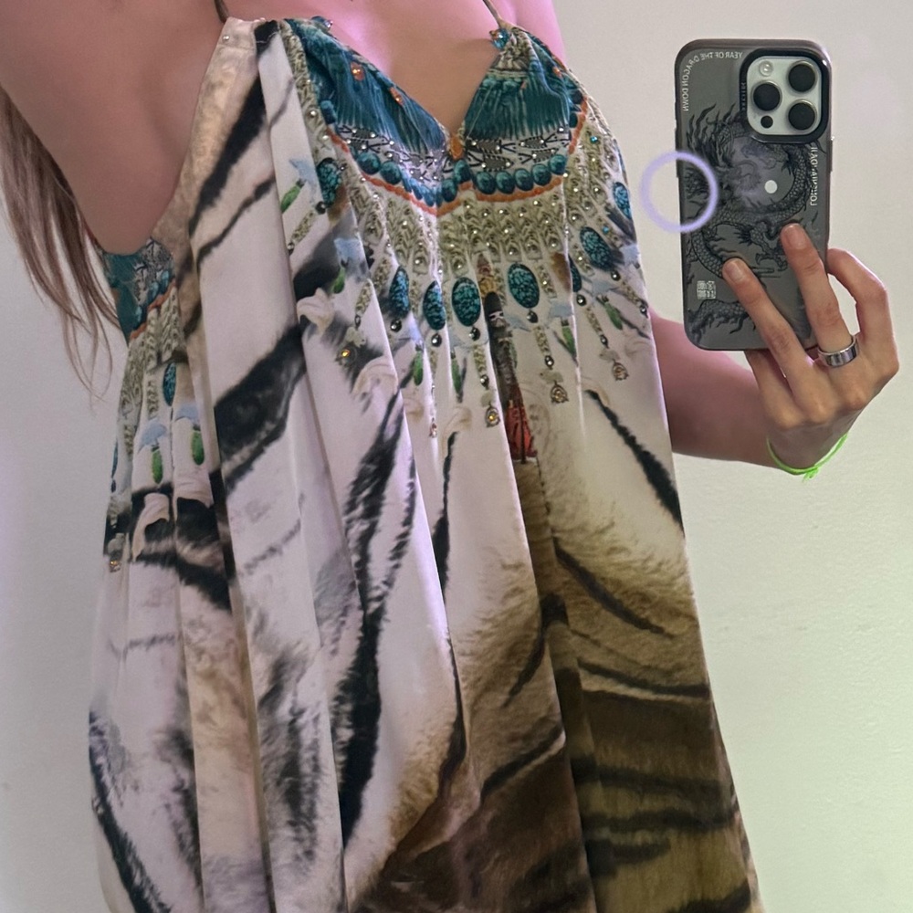 INTERMIX Camilla Printed Maxi Dress in Teal, Orange & Cream w Tiger Tribal Print - Picture 10 of 10